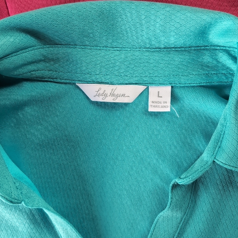 Lady Hagen Teal And Hot Pink Short Sleeve Polo Tops. - Picture 4 of 5